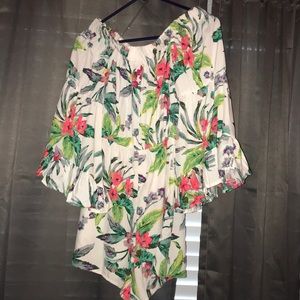 Off the shoulder, tropical romper.